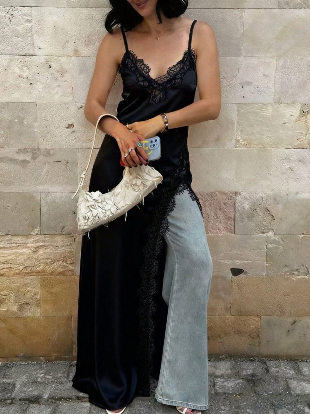 Black Elegant Women's Asymmetrical Hollow Satin Lace Party Dress - Picture 3 of 4